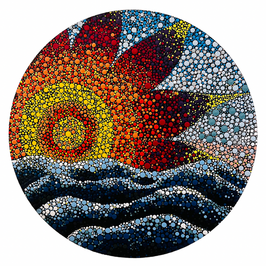 Handmade Dot Art Painting on Wood – “Sun & Waves” – 25 cm Round Acrylic Wall Art